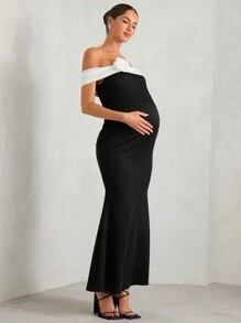 MaterniChic Maternity French Elegant Black Dress, Off Shoulder Neckline With Floral Decor, Slit Fish Tail Hem, Bodycon Fit, Suitable For Party, Wedding, Formal Occasion, Dress