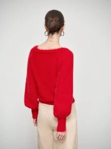 SHEIN LUNE Women's Solid Color Single-Breasted Fitted Lantern Sleeve Cardigan Sweater, Autumn/Winter Fall Cloth For Women - Red - View 2