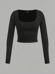 SHEIN EZwear 3 chiếc áo thun dài tay cổ vuông nhún eo cơ bản cho nữ, hàng mới về - Nhiều màu - Xem 5