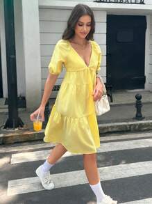 INAWLY Women's Solid Color V-Neck Short Sleeve Ruched Mini Casual Dress - Yellow - View 4