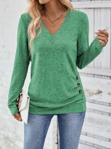 EMERY ROSE Women's Solid Color V-Neck Long Sleeve Pleated Button Design Casual T-Shirt, Fall & Winter - Green - View 1