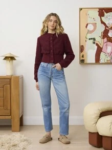 Aralina 纹理时尚短款纽扣圆领开衫