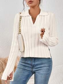 Chiquease 纯色V领喇叭长袖套头毛衣，休闲日常穿着，秋冬长袖针织衫 - 米色 - 查看 4