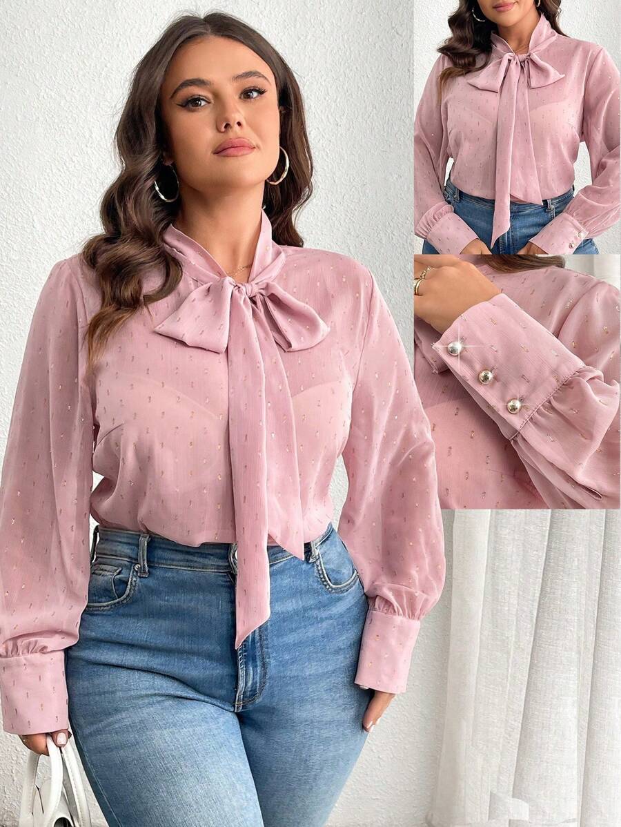 Celure Plus Size Women's Elegant Long Sleeve Tie Neck Blouse, Spring And Summer