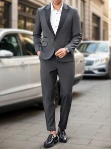 Manfinity Mode Plus Size Men 2pcs/Set Color Block Lapel Jacket And Trousers Suit - Dark Grey - View 3