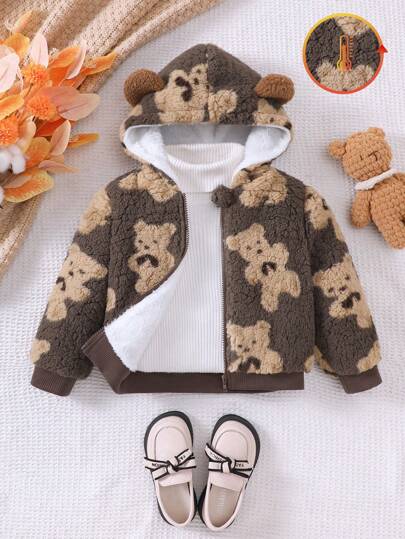 SHEIN 年轻女孩可爱熊印花连帽拉链夹克，保暖内衬，适合日常、通勤、户外、上学季节的休闲装