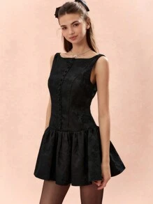 Enchnt Đầm mini thanh lịch không tay họa tiết hoa jacquard cỡ lớn cho nữ - màu đen - Xem 5