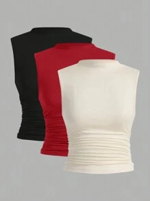 SHEIN Essnce 大码秋季女装曲线女装秋季新款时尚休闲通勤优雅工作圣诞节女装万圣节女装沙滩装红色上衣性感红色上衣红色、杏色、黑色无袖内褶设计尖头上衣3件装 - 彩色 - 查看 2