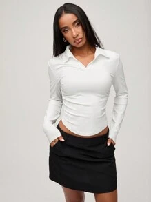 SHEIN BASICS Casual Solid Color Knit Collared Half-Button Front Fitted Long Sleeve Blouse With Pleated Sides For Women, Cozy Chic, Daily Commute