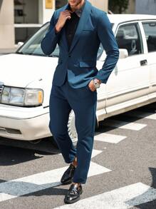 Manfinity Bizformal Men's Plain One Button Long Sleeve Blazer Jacket And Pocket Suit Pants Formal Casual Suit Set