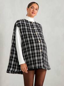 MaterniChic Maternity Plaid Print Button Front Coat, Autumn Winter - Black - View 3