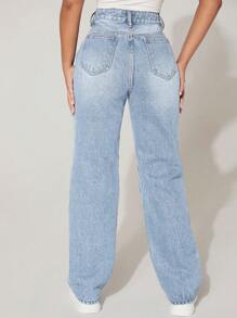 SHEIN EZwear 拉绒面料保暖高腰破洞直筒蓝色牛仔裤感恩节装扮圣诞装扮女士加厚牛仔布 - 淺藍色 - 查看 6