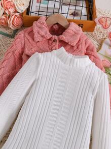 2 件套青少年女孩休闲外套套装：羊毛夹克和 A 字罗纹针织裙，冬季