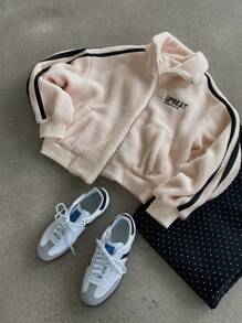 DAZY 女士撞色装饰刺绣字母仿羊毛夹克，秋季女装 - 米色 - 查看 9