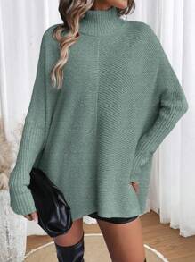 Chiquease 休闲女式纯色高领蝙蝠袖毛衣，秋冬针织套头衫 - 綠色 - 查看 4