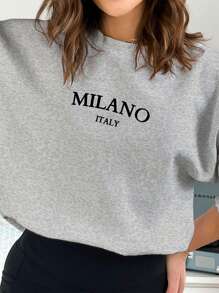 SHEIN EZwear Casual Minimalist MILANO Print Round Neck Loose Women Pullover Sweatshirt Back To School Fall And Winter Clothing Autumn And Winter - Light Grey - View 2