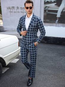 Manfinity Homme 2 件套男士休闲格子立领单排扣西装外套和裤子套装 - 彩色 - 查看 8