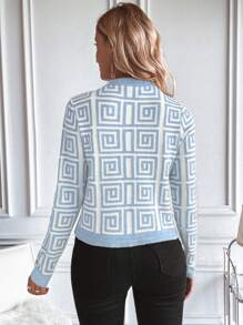 SHEIN Unity Women Autumn Geometric Print Long Sleeve Single-Breasted Casual Cardigan Fall Cloth For Women - Baby Blue - View 2