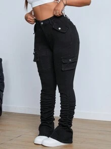 SHEIN ICON Plus Size Solid Color Pleated Pocket Skinny Jeans - Black - View 3
