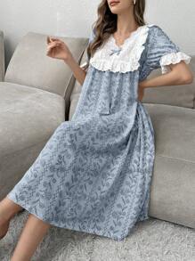 CottageSlumber Color Blocking Ruffle Patchwork Floral Print Short Sleeve Nightgown Babydoll For Women Perfect Summer, Moo Moo - Blue - View 6