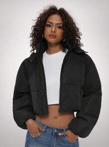 Forever 21 纯色前拉链长袖短款休闲外套 - 黑色 - 查看 4