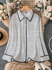 SHEIN Clasi Plus Size Vrouwen Hart Bedrukte Trim Lange Mouw Casual Losse Blouse, Herfst Vrouwen Shirt