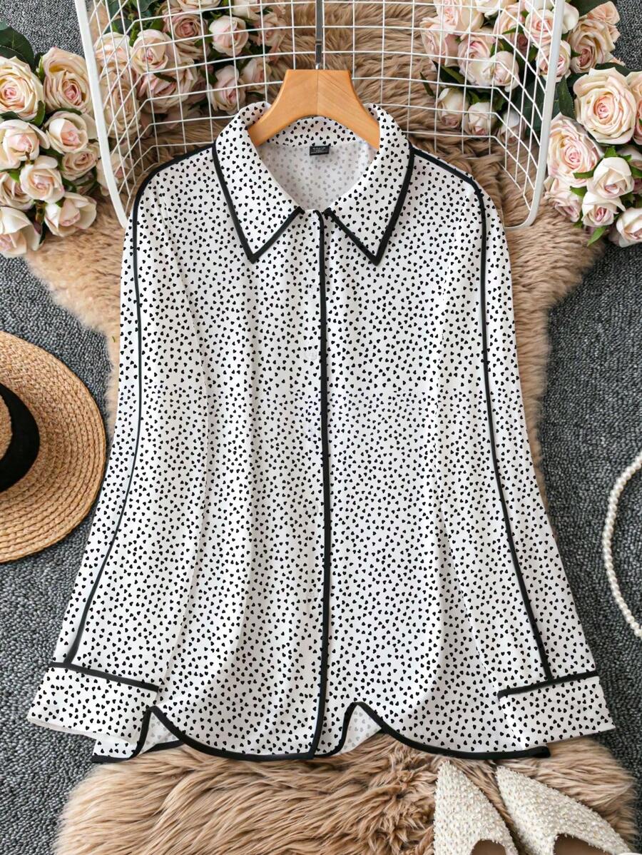 SHEIN Clasi Plus Size Vrouwen Hart Bedrukte Trim Lange Mouw Casual Losse Blouse, Herfst Vrouwen Shirt