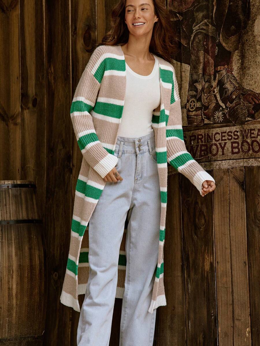 LanaWest 女式休闲拼色条纹长开衫，秋冬款 - 綠色 - 查看 1