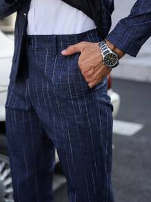 Manfinity Bizformal Men's Striped Lapel Neck Long Sleeve Single-Breasted Jacket And Pants Set, Fashionable Casual Suit - Navy Blue - View 7