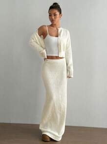 Flirla 2 piezas Conjunto de ropa de negocios casual para mujer con suéter de punto de abotonadura sencilla y falda midi de punto