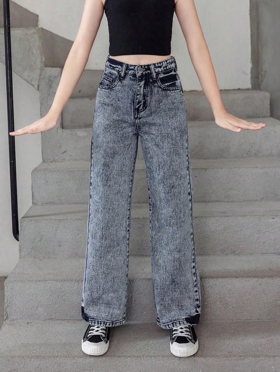 Tween Girl Street Boho Casual Elastic Waist Straight Jeans With Flat Pockets - Dark Wash - View 1
