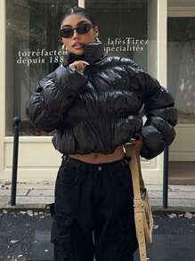 SHEIN EZwear 黑色女式梭织立领长袖褶裥棉衣 - 黑色 - 查看 6