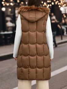 EURMUSE Faux Fur Hooded, Long Line Puffer Winter Vest - Camel - View 3