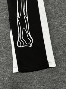 PAVTROS American Streetwear 骨纹休闲喇叭裤，Y2k 男士哥特式抽绳腰部印花时尚运动裤，骷髅运动裤，万圣节服装，街头服饰，长款宽松喇叭裤，拼色运动裤，送给老公、男朋友的礼物 - 黑色 - 查看 8