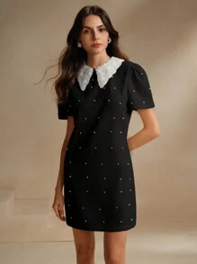 Anewsta 女士尖领短款泡泡袖优雅复古水晶缀饰迷你连衣裙 - 黑色 - 查看 4
