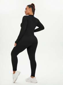 SHEIN Sports Plus Size Solid Color & And Shorts, Stretchy Sports Set - Black - View 7