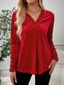 SHEIN LUNE Women's Christmas Sequins Patchwork Red Top - Red - View 1