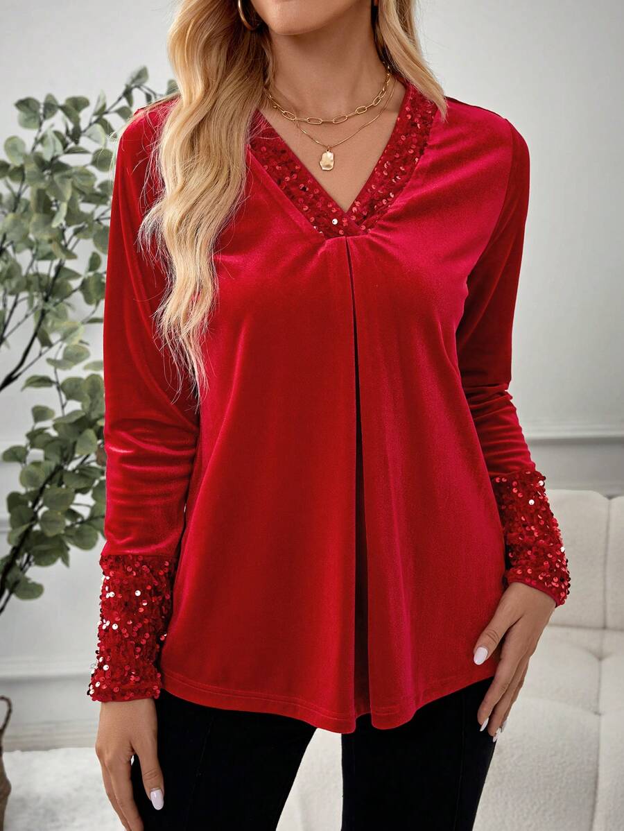 SHEIN LUNE Women's Christmas Sequins Patchwork Red Top - Red - View 1