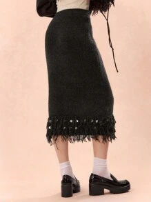 Enchnt Women's Elegant Gray Long Sweater Skirt With Shiny Sequins And Tassels, Fashionable Autumn And Winter Sweaters, Fall Women Outfits, Autumn And Winter - Grey - View 5