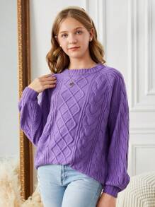 SHEIN Teenager Mädchen Vintage gehäkelter langer Pullover, lockerer Rundhals Lässig Premium Pullover für Winter & Herbst