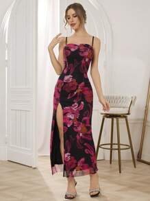 SHEIN Belle Vestido de fiesta elegante con estampado floral, abertura en el bajo, tirantes finos, para mujer. Vestido de cóctel, semirrígido, para fiesta, cumpleaños, boda, graduación, cena, baile de graduación