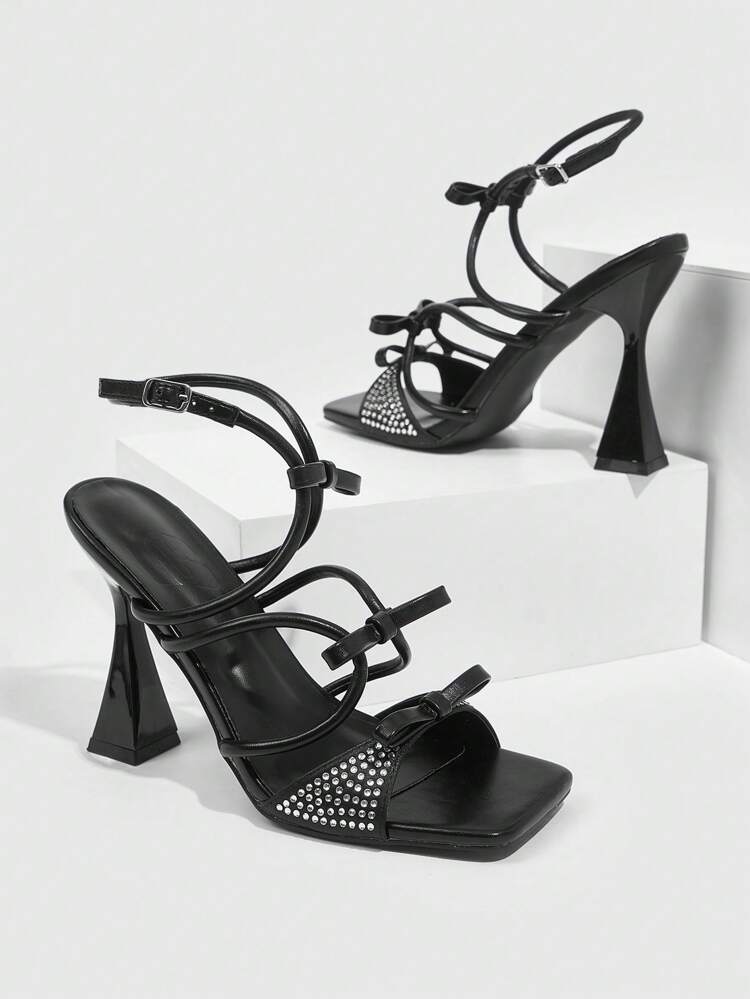 CUCCOO SZL Square Toe Stiletto High Heel Black PU Leather+Studded Rhinestone Decor Fashion Women High Heel Sandals