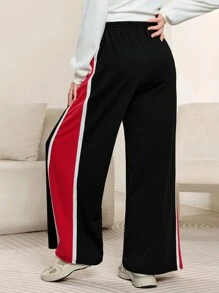 Seusyu 女式休闲拼色抽绳腰阔腿运动裤，适合秋季 - 黑色 - 查看 2