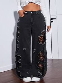 SHEIN ICON Quần Jeans Boyfriend Ống Rộng Thời Trang Cỡ Lớn Đã Giặt Cũ - màu đen - Xem 4