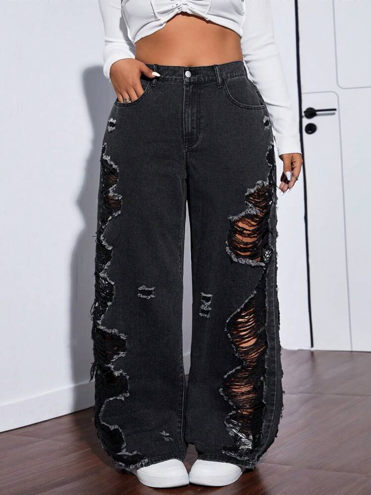 SHEIN ICON Quần Jeans Boyfriend Ống Rộng Thời Trang Cỡ Lớn Đã Giặt Cũ - màu đen - Xem 4