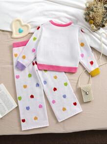 SHEIN Explorewe Bộ áo len dệt kim Jacquard nhiều màu hình trái tim cho bé gái và quần dệt kim, thể hiện phong cách sống động và đáng yêu. Thích hợp cho mùa thu/đông và các hoạt động ngoài trời - trắng - Xem 3