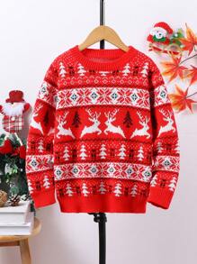 Red Long Sleeve Fair Isle Style Christmas Sweater For Tween Boys, Autumn/Winter - Family Matching Mommy And Me (4 Pieces Are Sold Separately) - Red - View 1