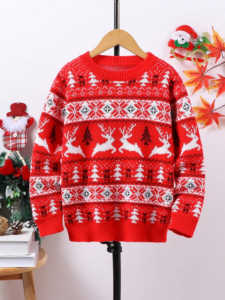 Red Long Sleeve Fair Isle Style Christmas Sweater For Tween Boys, Autumn/Winter - Family Matching Mommy And Me (4 Pieces Are Sold Separately) - Red - View 1