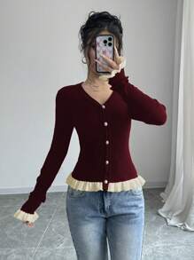 Elenzga Gerimpelde rand, contrasterende kleur gebreide cardigan, tops met lange mouwen
