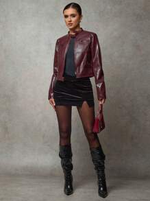 SHEIN BAE 女士夹克 勃艮第冬季女士皮革夹克 女士外套 秋季女装 拉链装饰纹理 复古勃艮第 PU 女士夹克 冬季加厚保暖夹克 短款皮夹克 - 酒紅色 - 查看 4